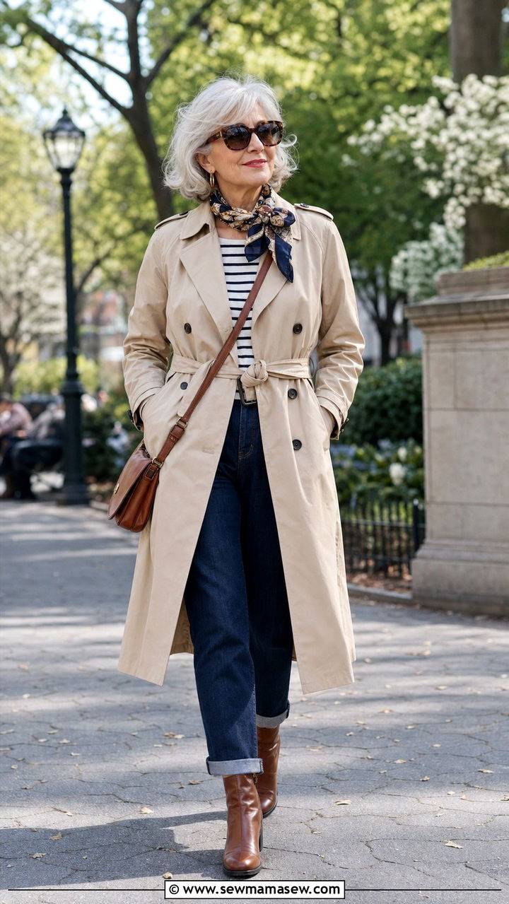 Classic Trench Coat With Dark Denim - 25 Sophisticated outfit ideas for women over 60