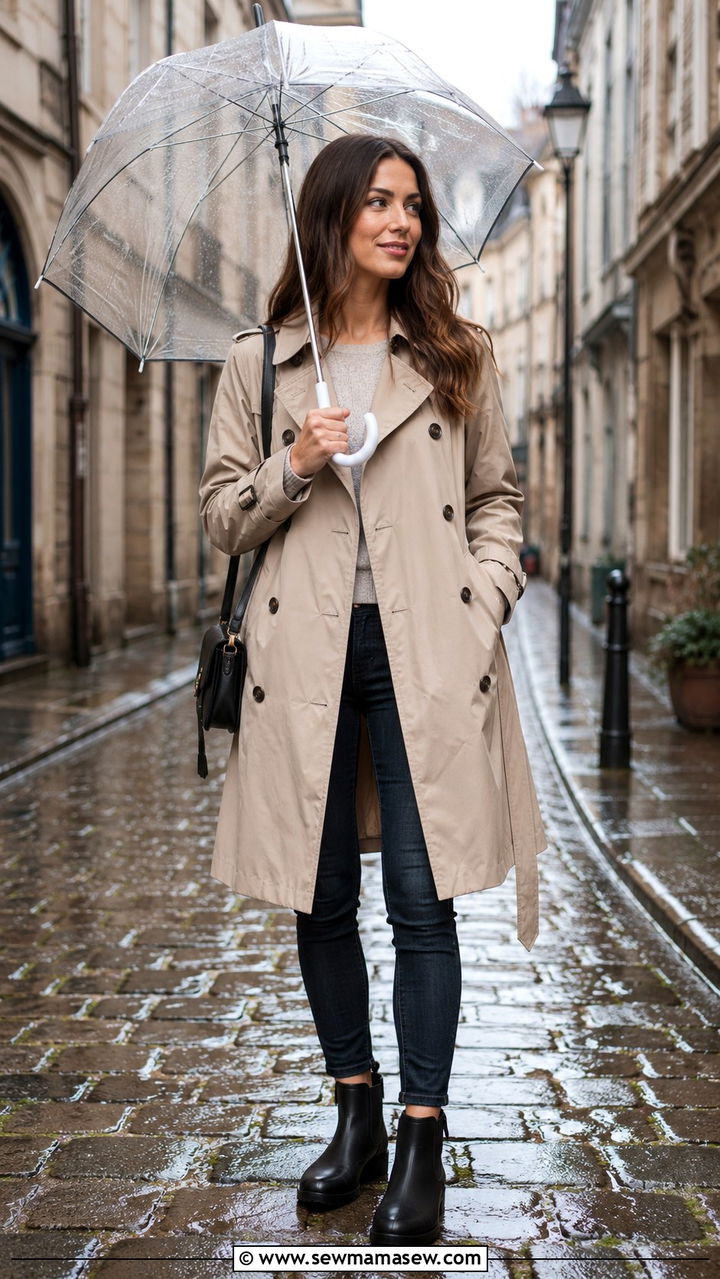 Classic Trench Coat With Dark Skinny Jeans And Waterproof Ankle Boots - 30 Rainy day travel outfit ideas