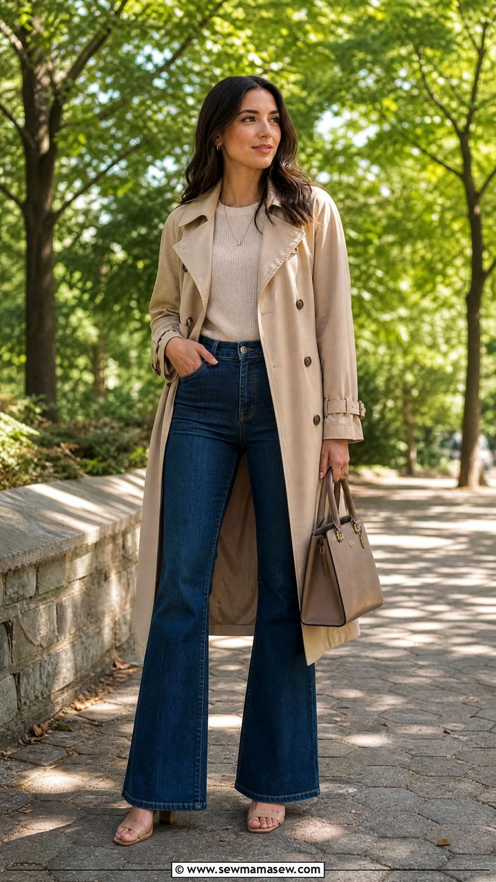 Classic Trench Coat With Flared Jeans - 25 chic jeans outfit ideas