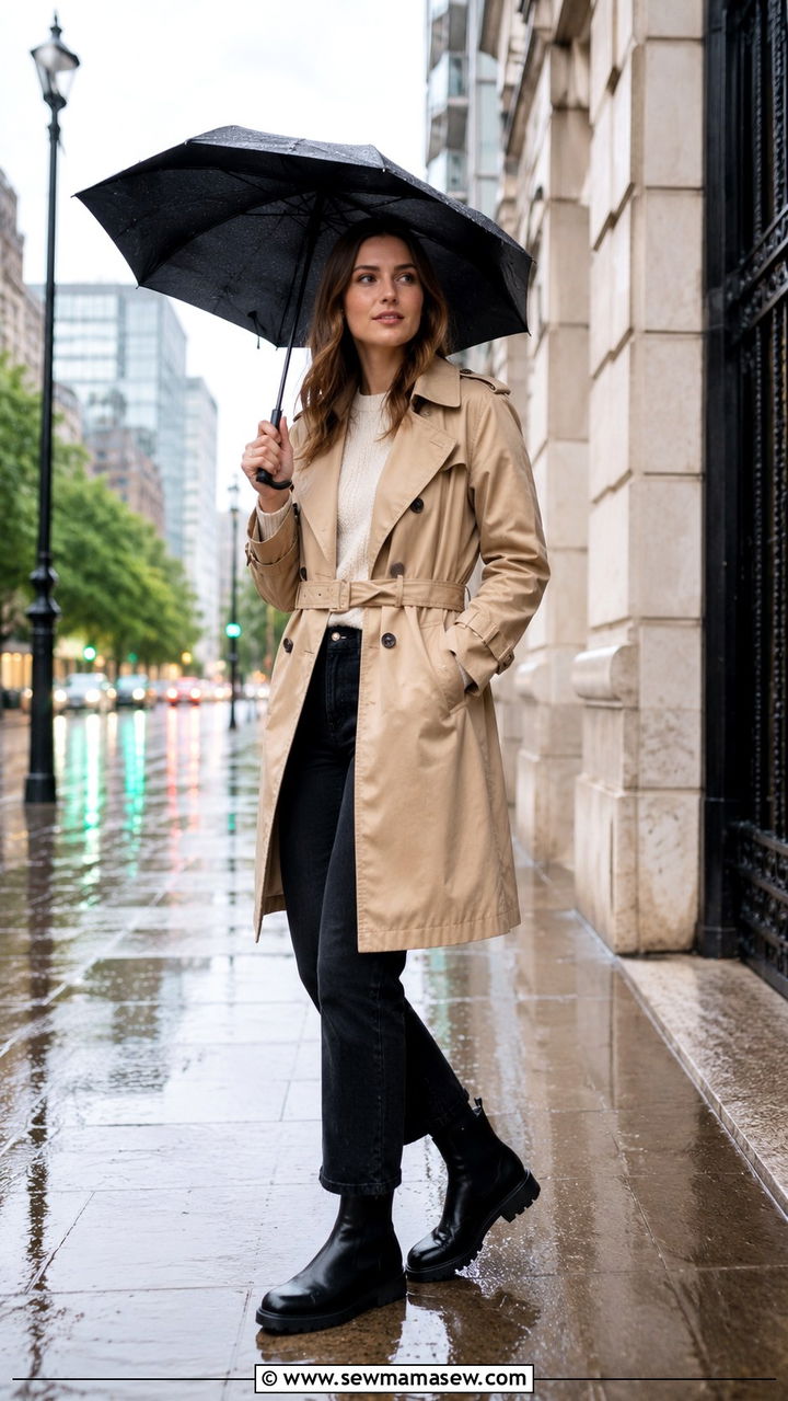 Classic Trench Coat With Jeans and Ankle Boots - 25 rainy day outfits trends