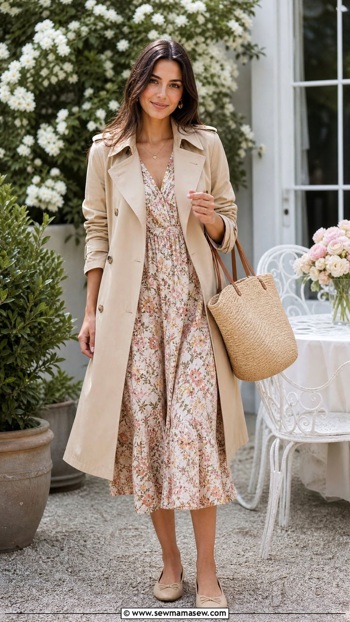 Classic Trench Coat With Midi Dress And Ballet Flats - 35 jacket outfits