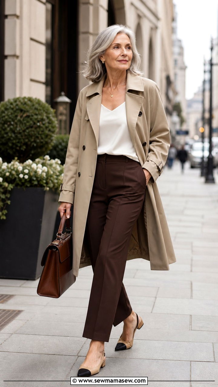 Classic Trench Coat With Silk Shell and Straight Leg Trousers - 35 Business casual outfits for women over 60