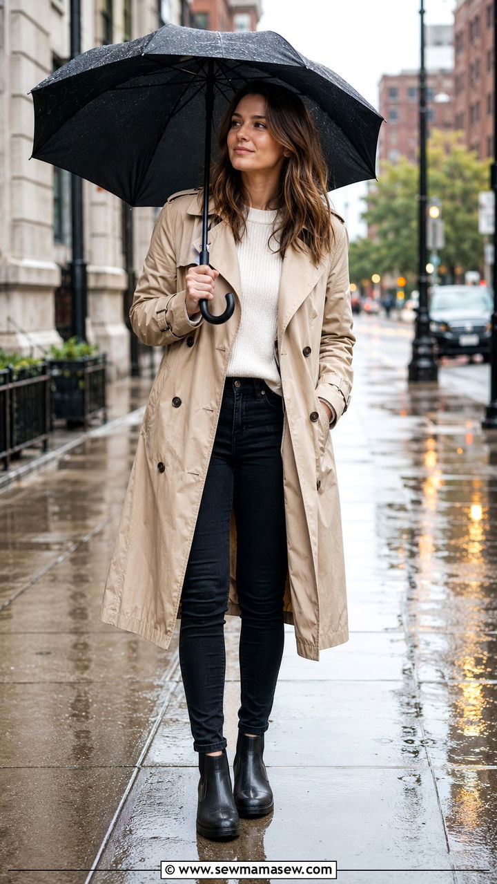 Classic Trench Coat With Skinny Jeans And Ankle Rain Boots - 25 rainy day outfits Pinterest