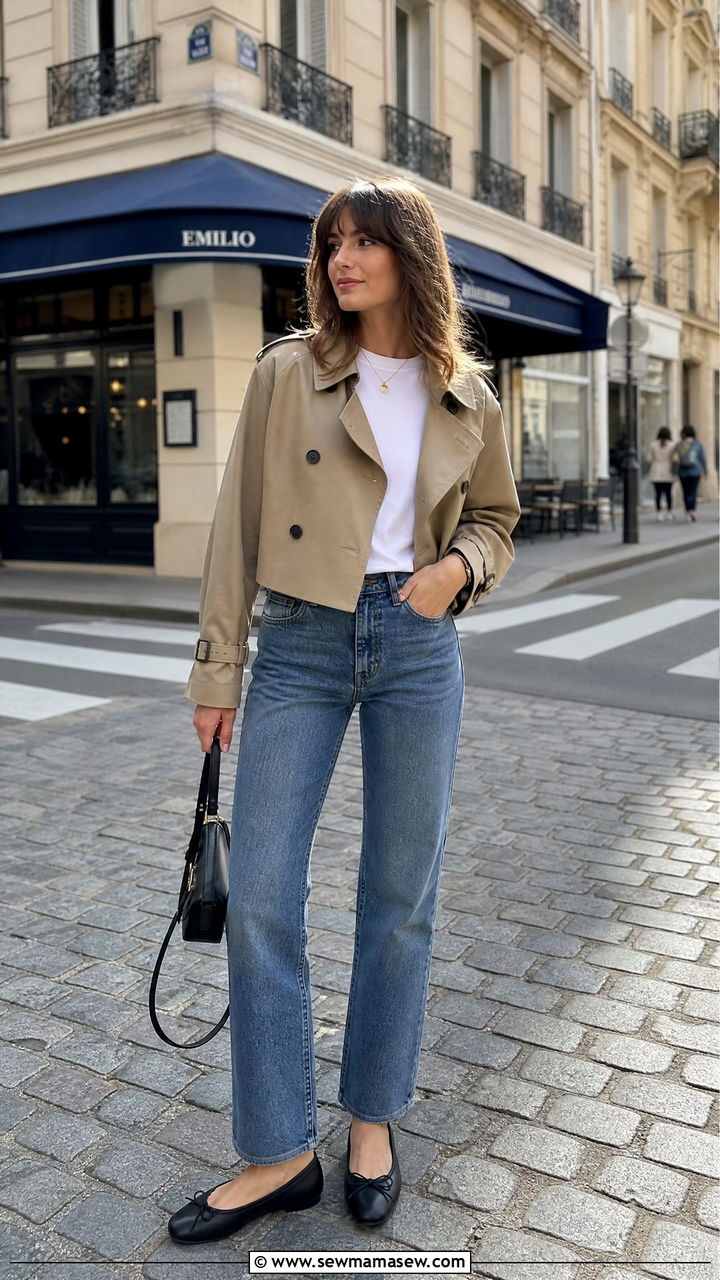 Classic Trench Coat With Stovepipe Jeans and Ballet Flats - 30 French girl outfits 2026