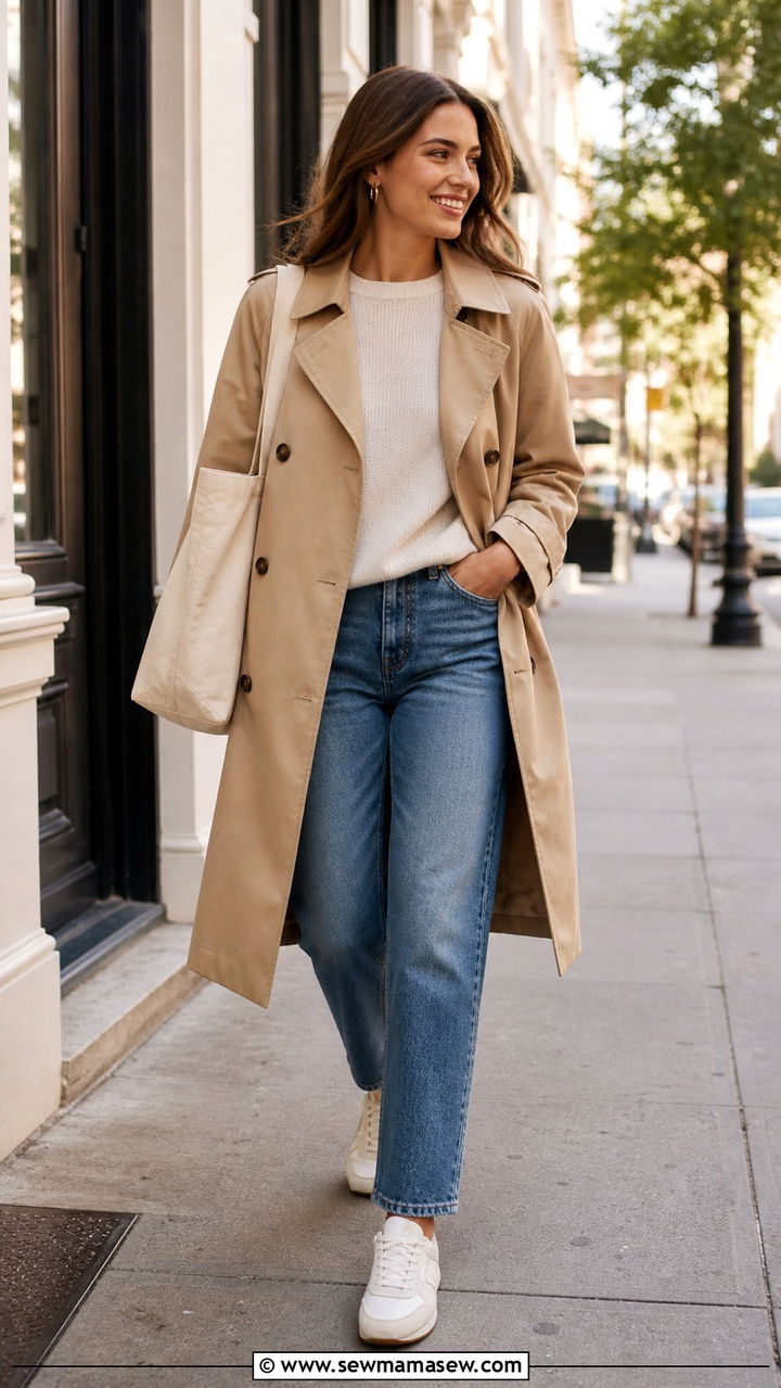 Classic Trench Coat With Straight Leg Jeans And A Cozy Sweater - 40 Timeless outfit ideas