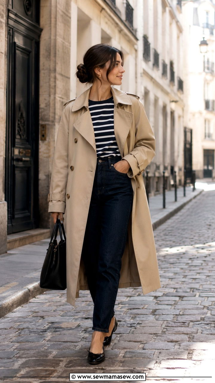Classic Trench Coat With Striped Breton Top and Jeans - 30 Old money outfits for petite women