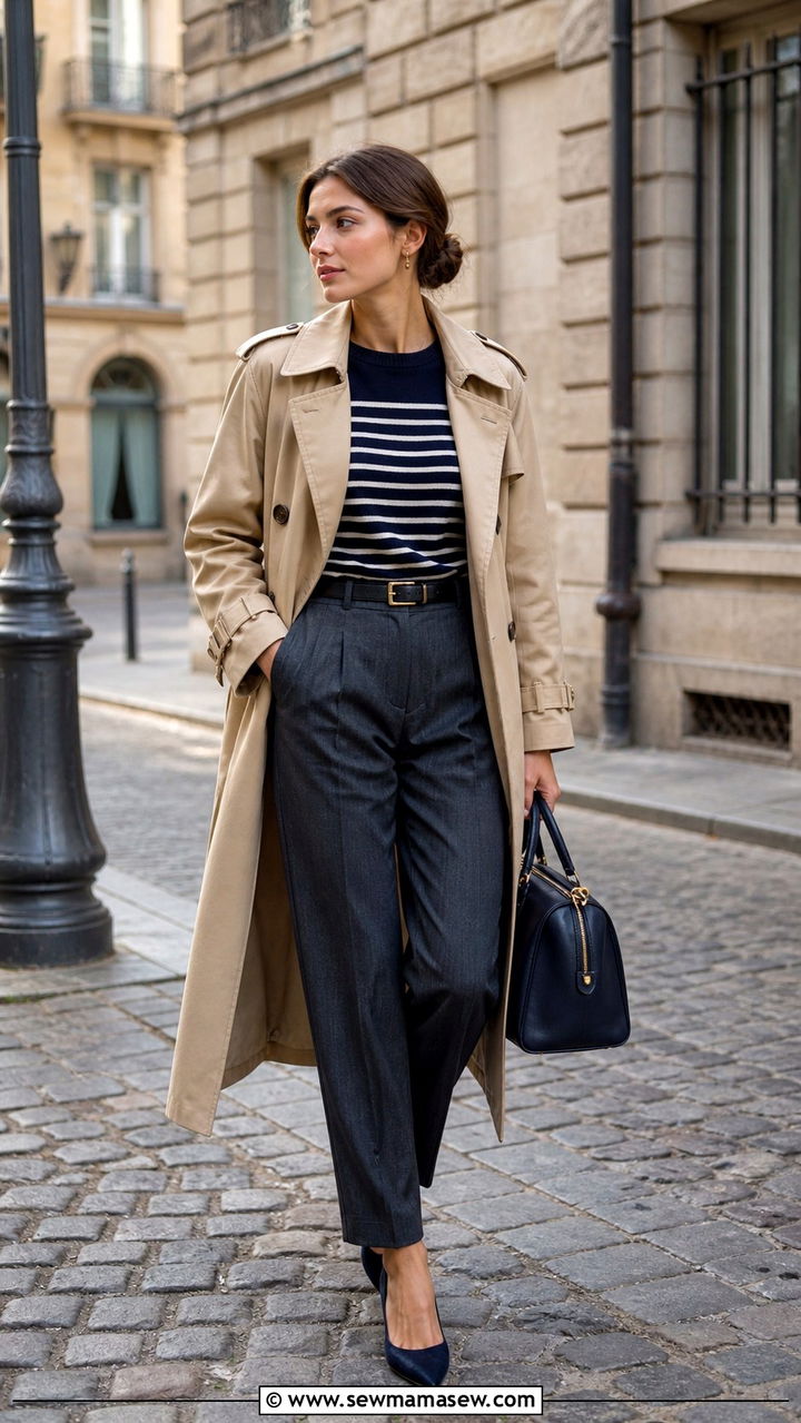 Classic Trench Coat With Striped Knit and Pleated Trousers - 40 old money outfit ideas for women