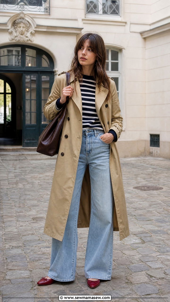 Classic Trench Coat With Striped Sweater And Wide Leg Jeans - 25 French girl outfit ideas 2026