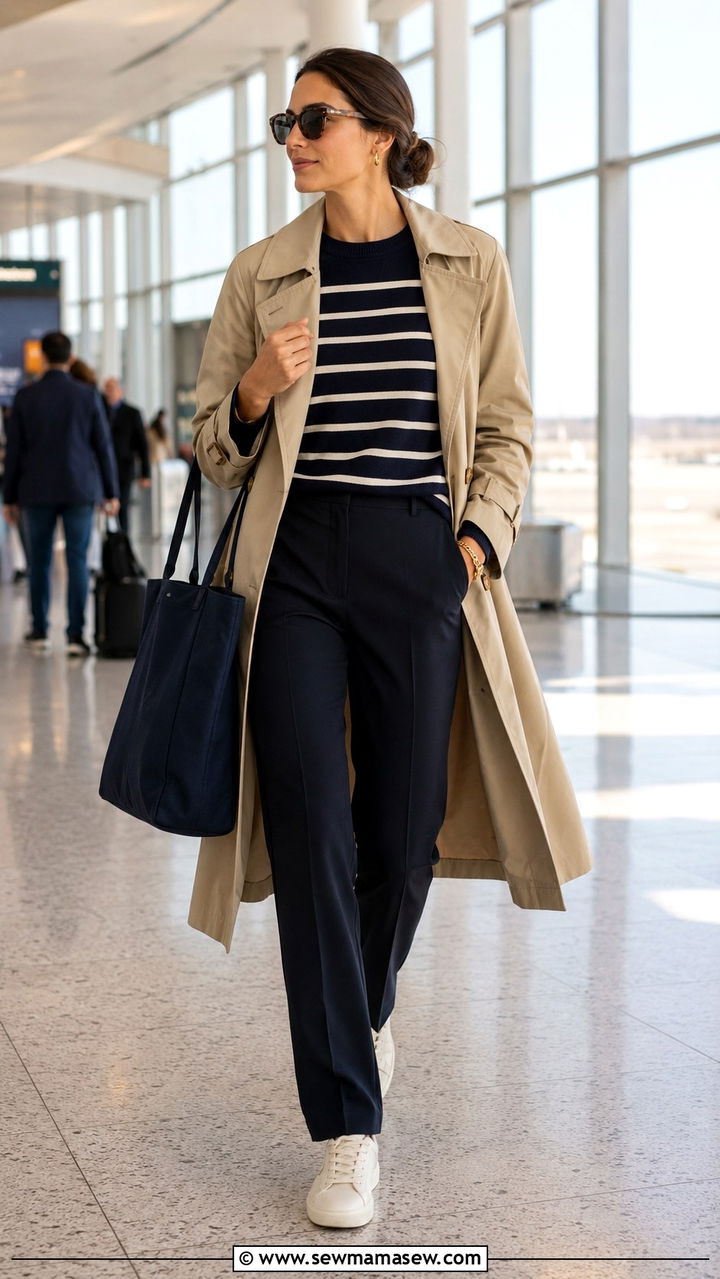 Classic Trench Coat With Striped Sweater and Ivory Sneakers - 30 Old money outfit ideas for airport