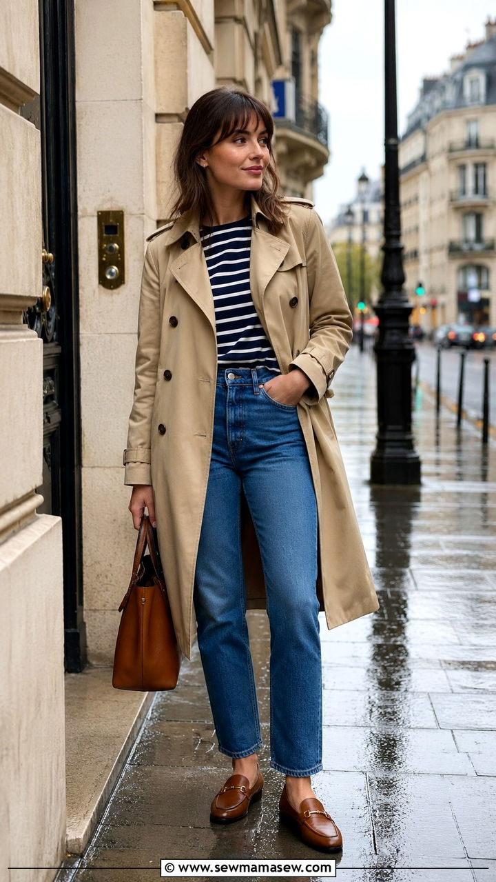 Classic Trench Coat With Striped Top and Straight Leg Jeans - 30 casual preppy outfits