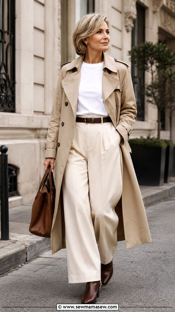 Classic Trench Coat With Wide Leg Trousers - 25 Outfit ideas for women over 50 2026
