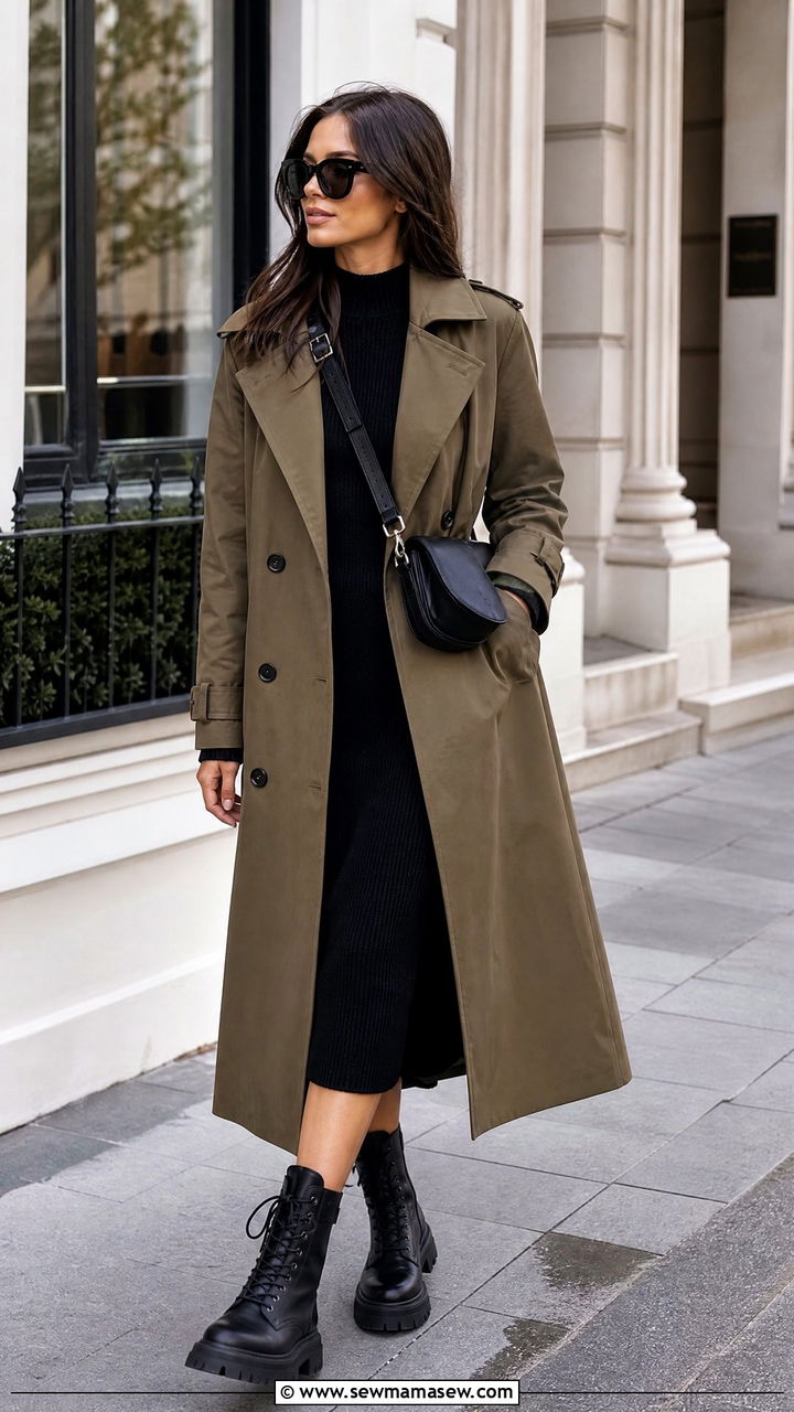 Classic Trench Coat and Combat Boots - 25 classy edgy outfit ideas