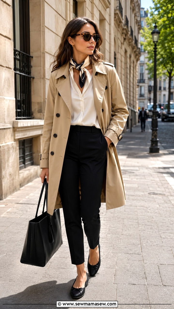 Classic Trench Coat and Silk Scarf - 30 old money outfits to copy