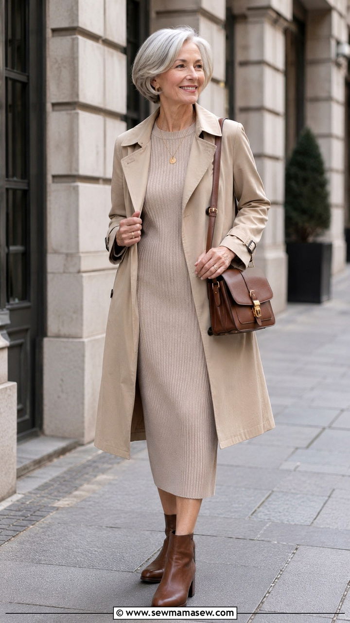 Classic Trench Coat over Ribbed Knit Dress - 25 Modest outfit ideas for women over 60