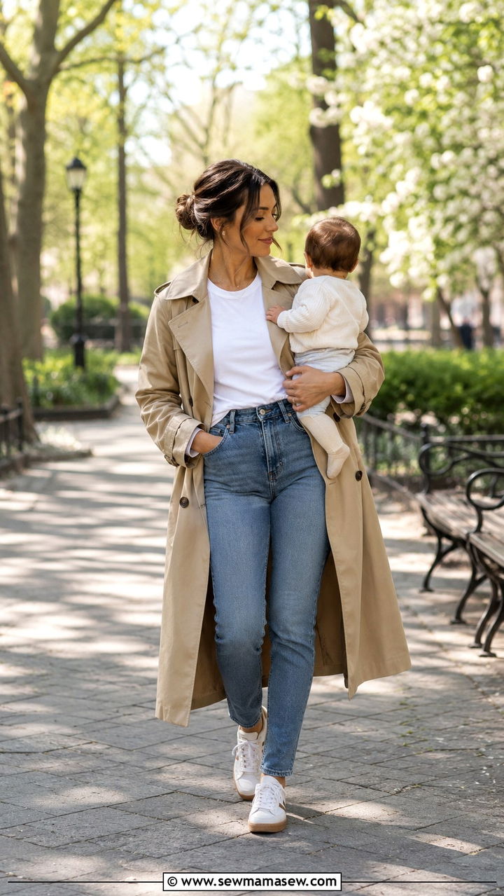 Classic Trench Coat with Basic Tee and Stretch Jeans - 25 Postpartum outfit ideas 2026