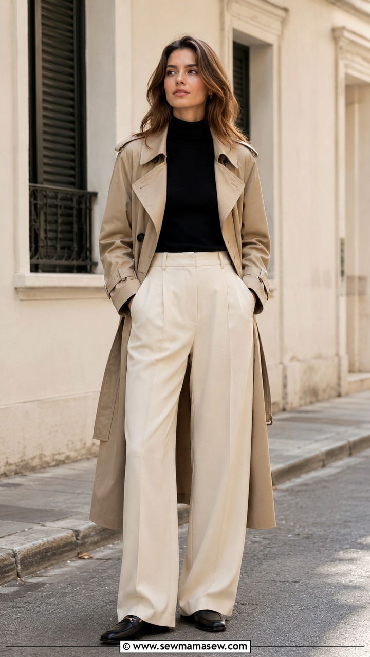 Classic Trench Coat with Black Turtleneck and Cream Wide Leg Trousers - 30 loafers outfit ideas for women