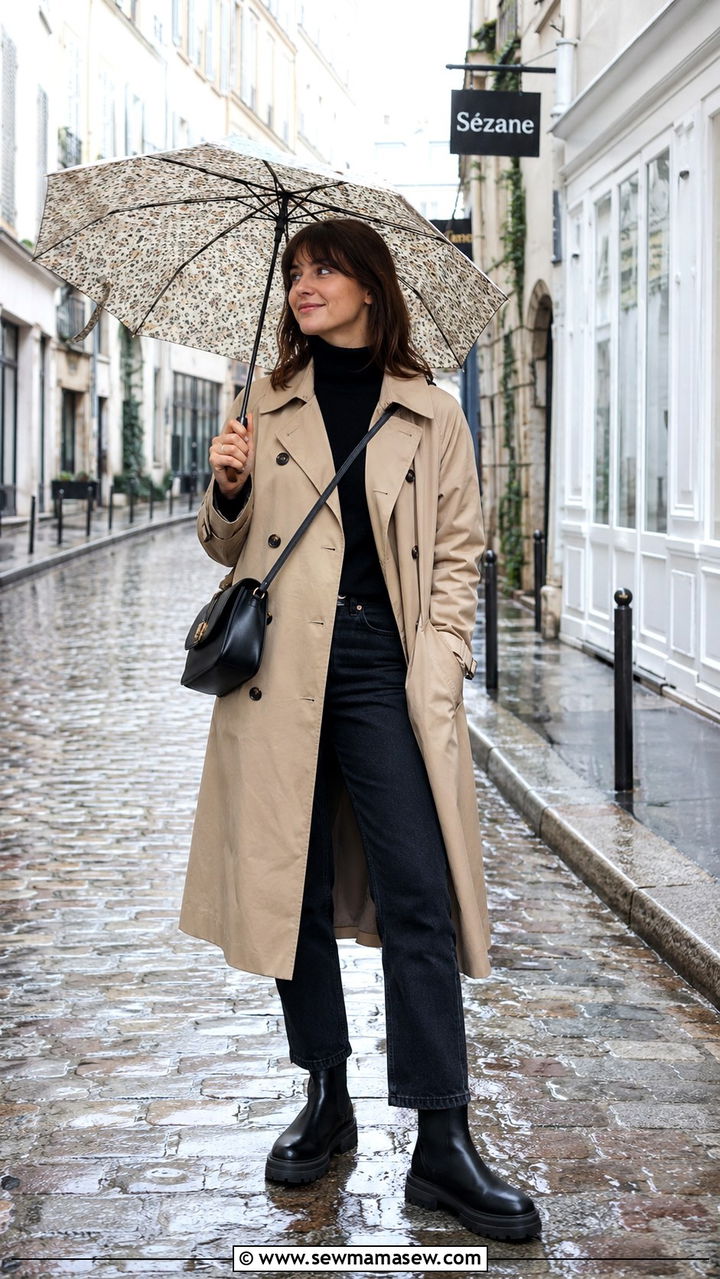 Classic Trench Coat with Chelsea Boots - 30 Rainy vacation outfit ideas
