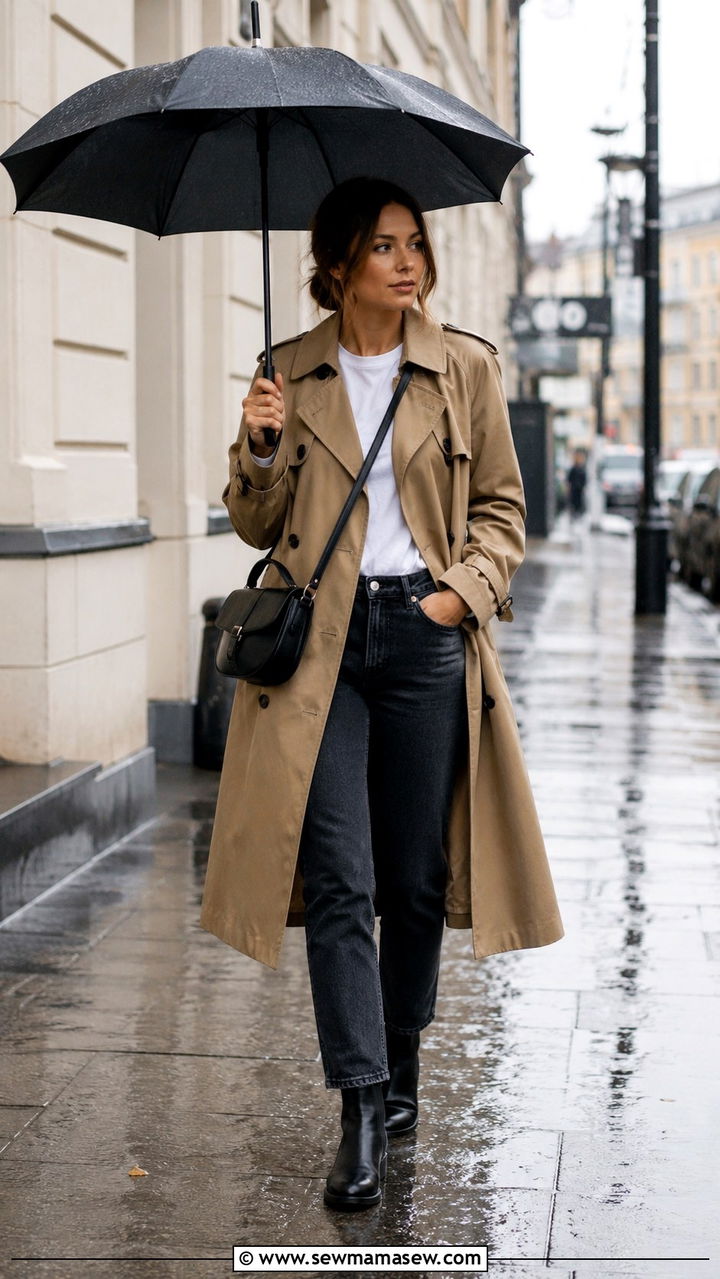 Classic Trench Coat with Dark Jeans and Chelsea Boots - 25 rainy day outfits inspo