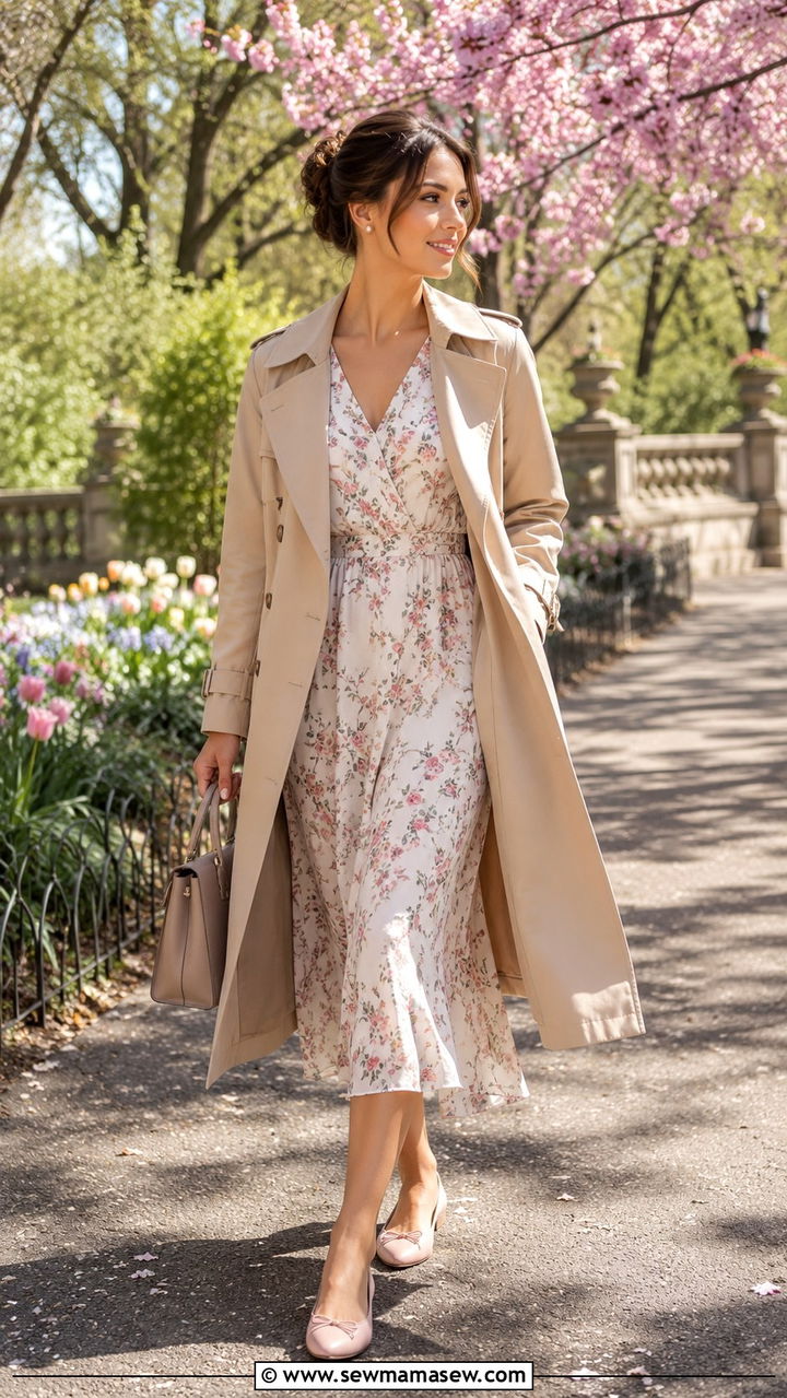 Classic Trench Coat with Midi Dress and Ballet Flats - 30 spring wardrobe essentials outfits