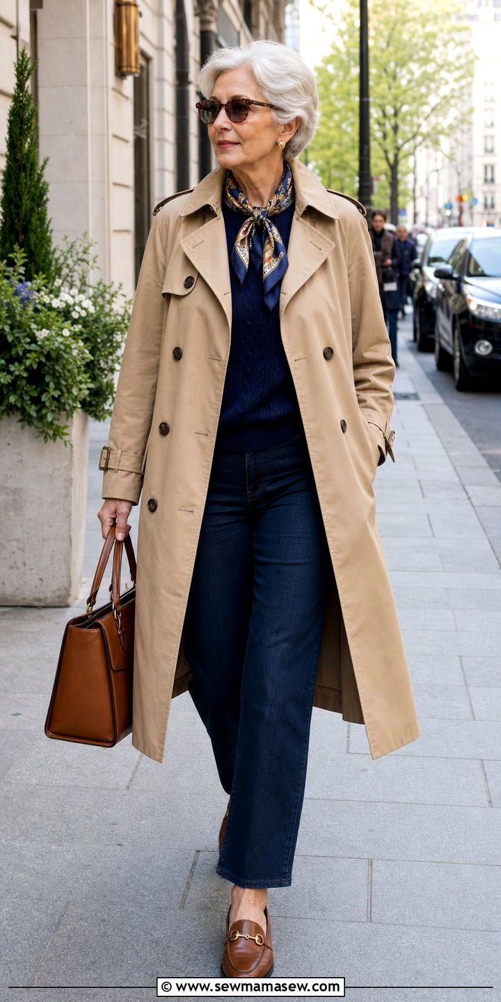 Classic Trench Coat with Straight Leg Jeans - 25 Cute outfits for women over 70