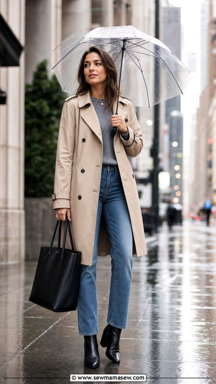 Classic Trench Coat with Straight Leg Jeans and Ankle Boots - 25 Drizzle outfit ideas