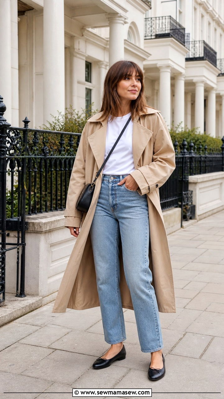 Classic Trench Coat with Straight Leg Jeans and Ballet Flats Outfit - 40 What to wear in London