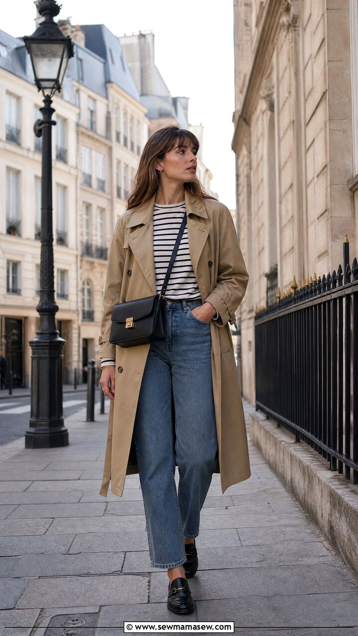 Classic Trench Coat with Straight Leg Jeans and Loafers - 35 jacket outfits ideas