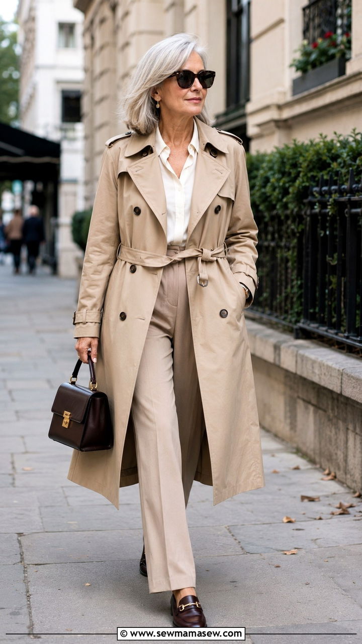 Classic Trench Coat with Straight Leg Trousers - 25 Outfit ideas for rectangle over 50