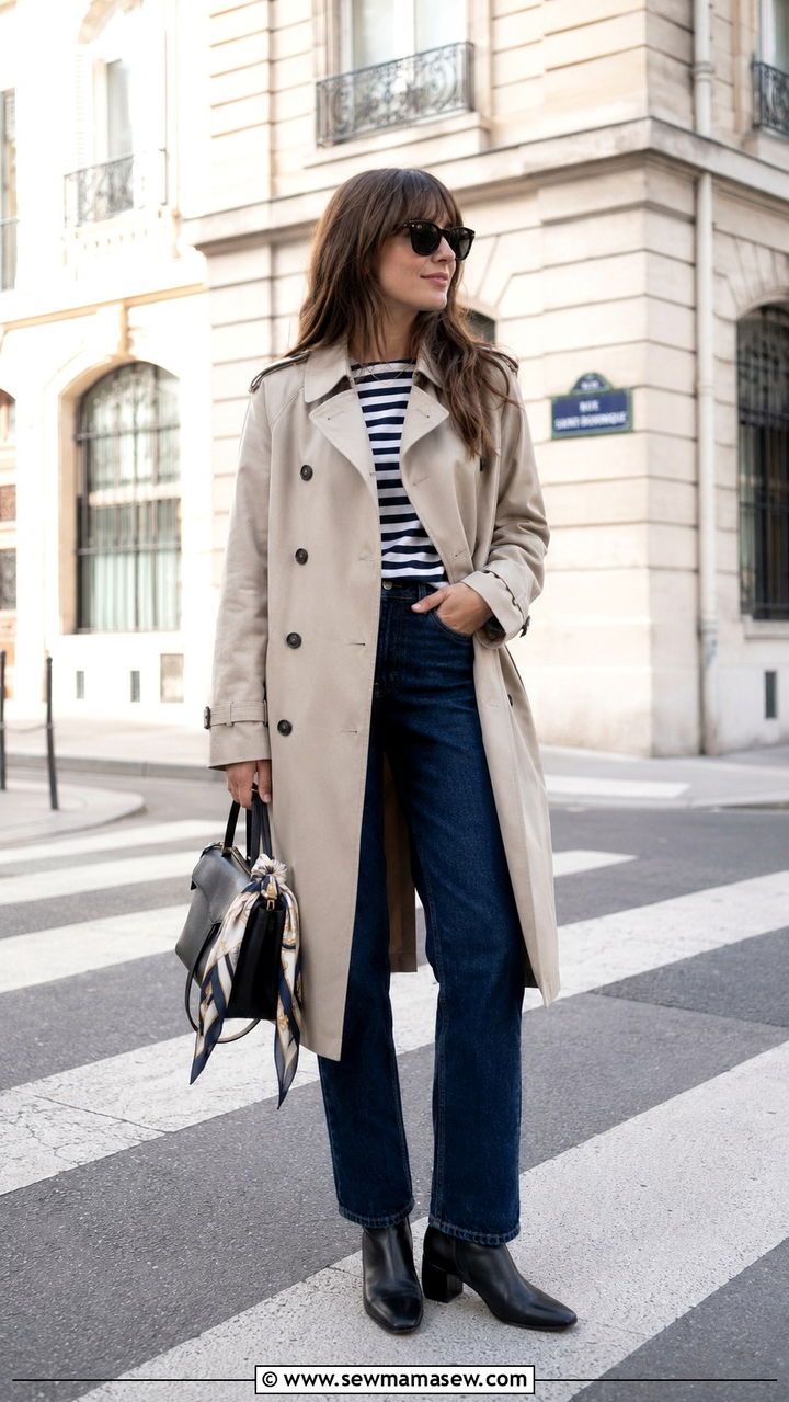 Classic Trench Coat with Striped Breton Top - 25 Parisian outfit ideas in April