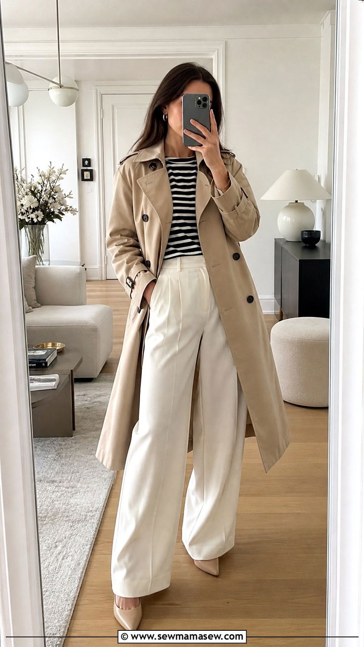Classic Trench Coat with Striped Shirt and Wide Leg Trousers - 40 jacket outfits for women