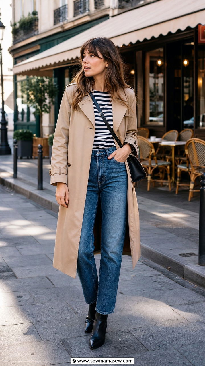 Classic Trench Coat with Striped Tee and Straight Leg Jeans - 25 Paris packing list outfits