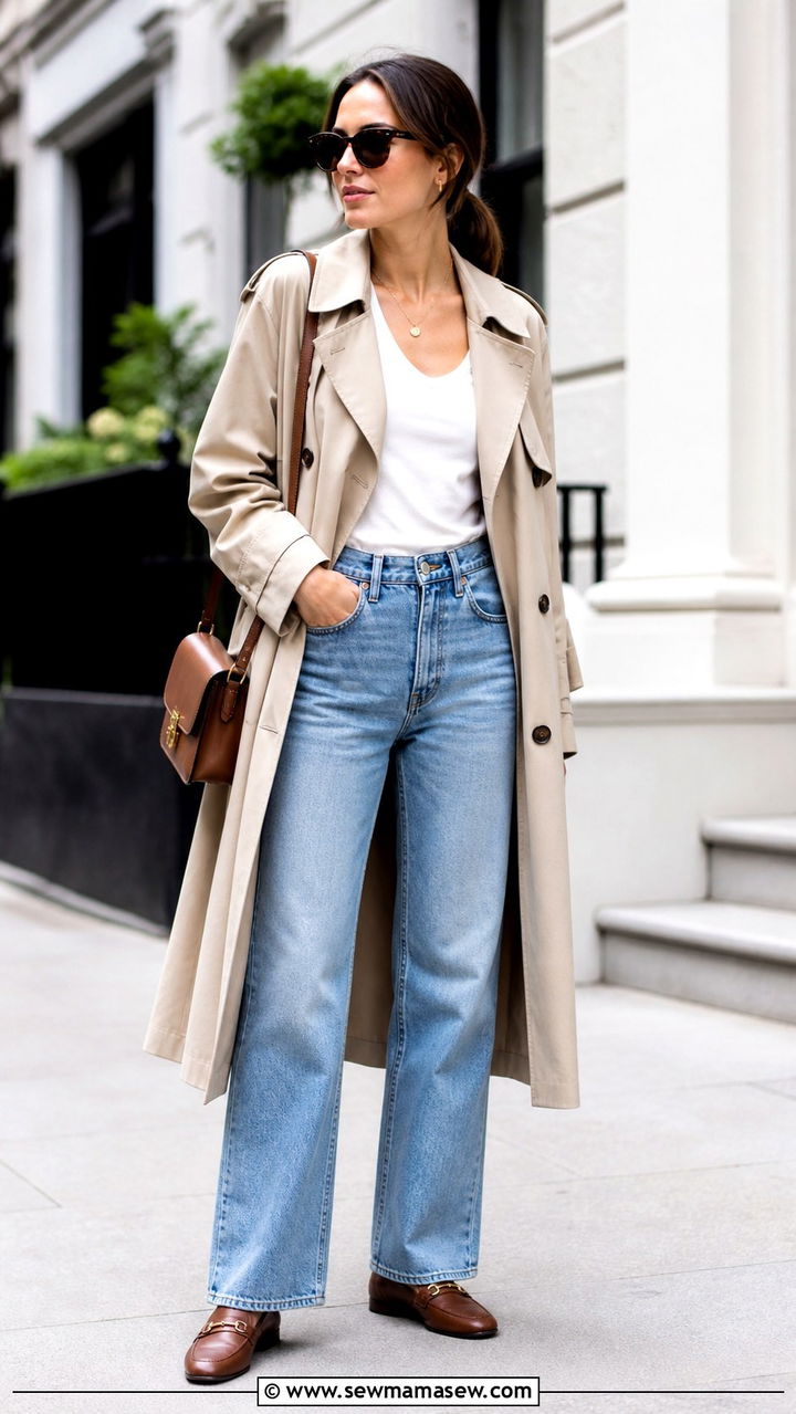 Classic Trench Coat with Wide Leg Jeans and Loafers - 40 Spring weekend outfit ideas