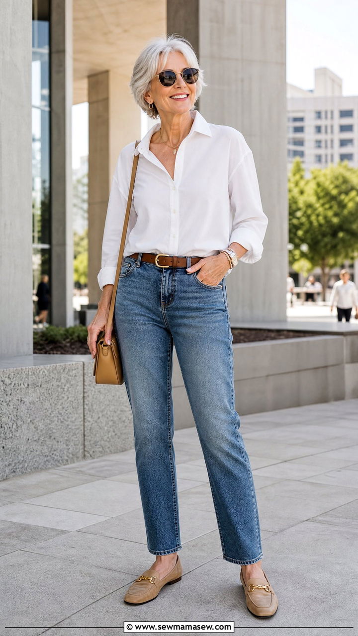 Classic White Blouse and Straight Leg Jeans with Loafers - 30 Concert outfits for women over 60