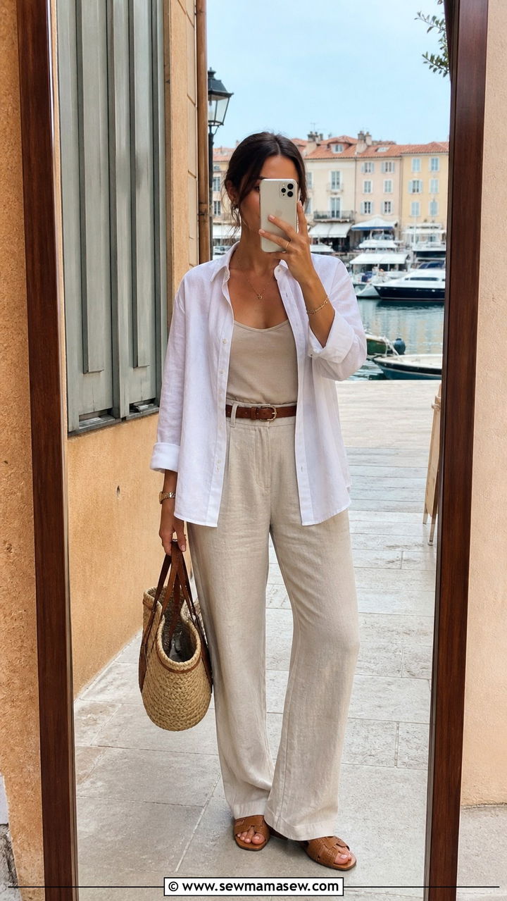 Classic White Button Down Tied Over a Camisole With Linen Trousers - 40 Mediterranean outfit ideas