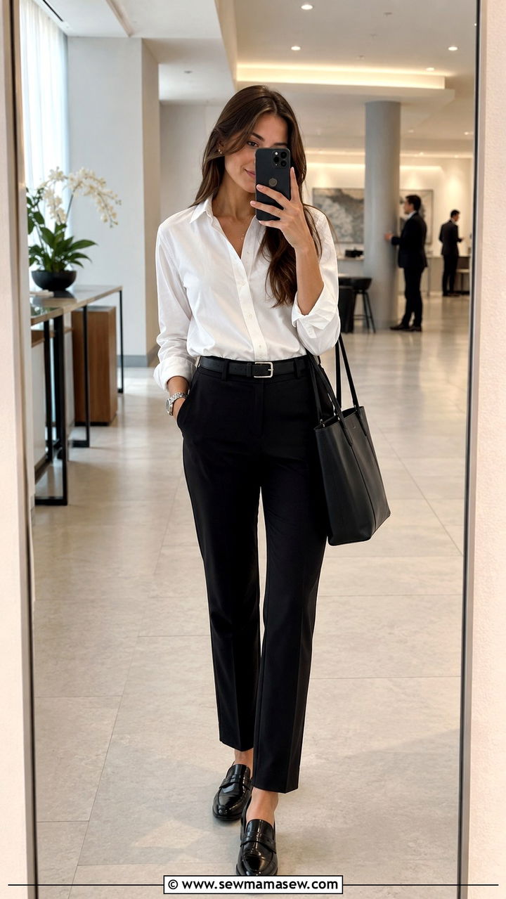Classic White Button Down With Black Trousers And Loafers - 30 HR conference outfit ideas