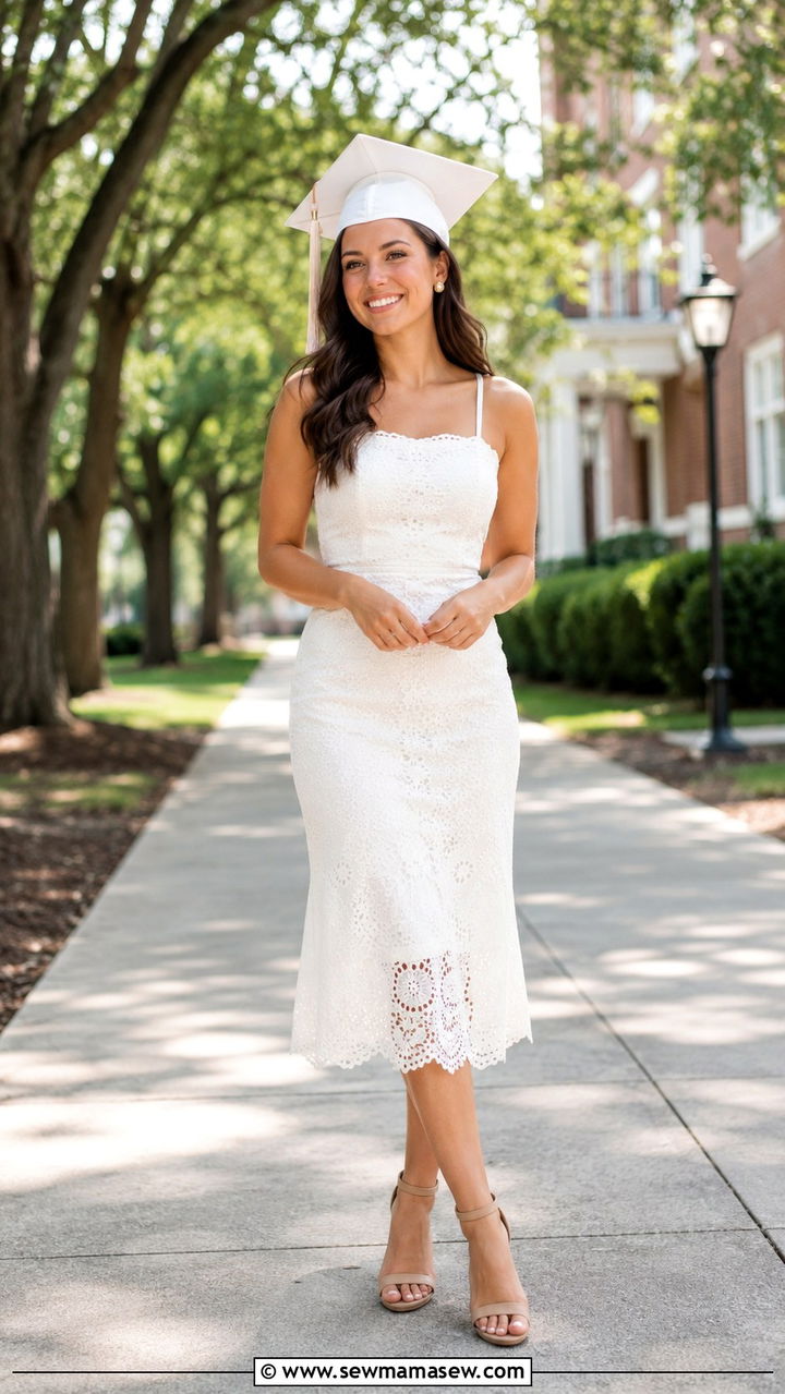 Classic White Midi Dress with Nude Heels - 30 graduation outfits ideas