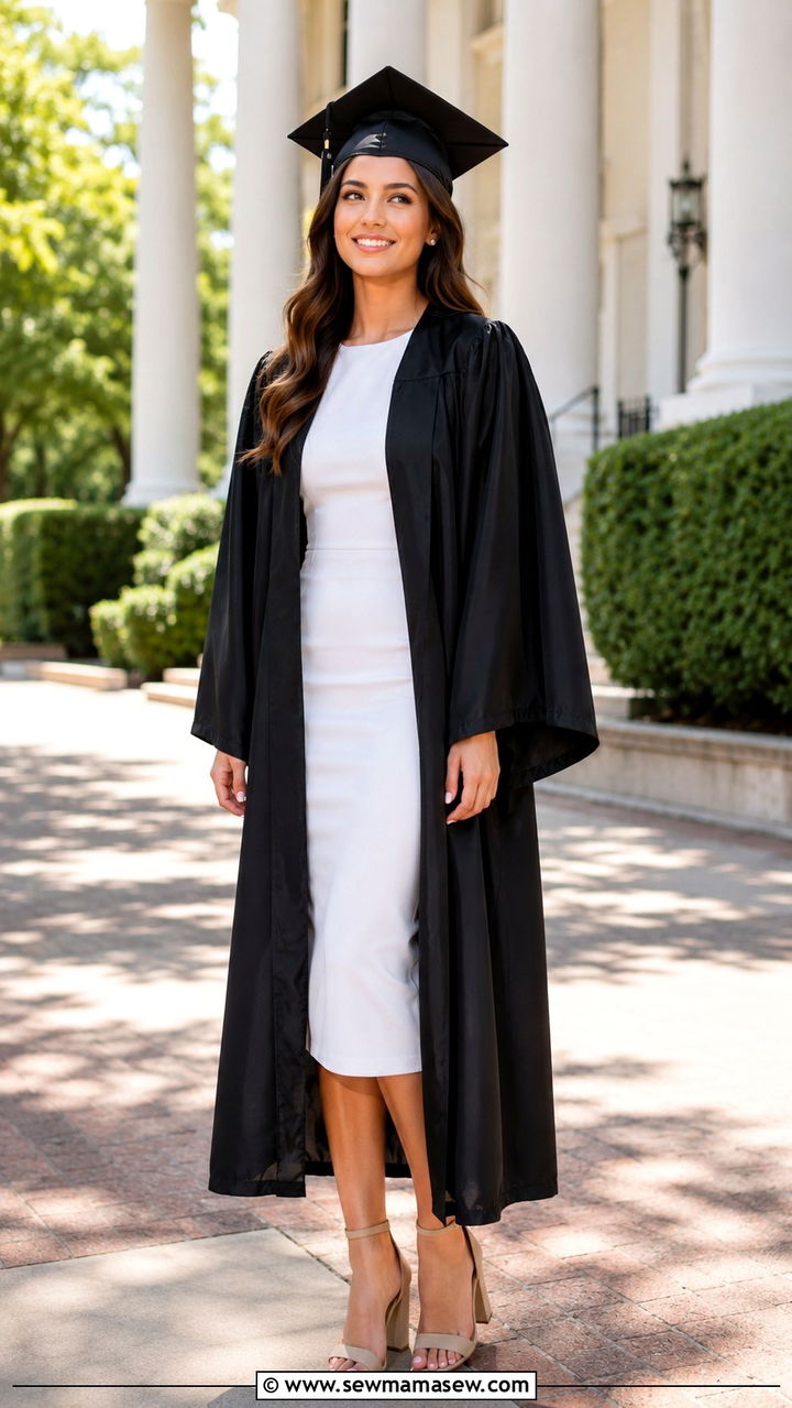 Classic White Midi Dress with Nude Heels - 30 Graduation cap and gown outfit ideas