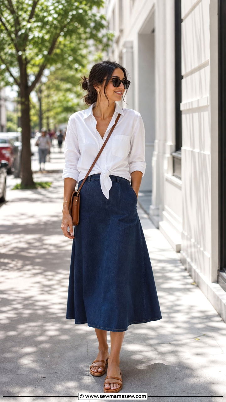 Classic White Shirt with Dark Denim Skirt Outfit - 30 modest classy outfits ideas