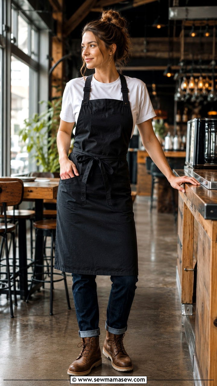 Classic White T Shirt With Dark Wash Jeans And A Bib Apron - 25 Restaurant server outfit ideas