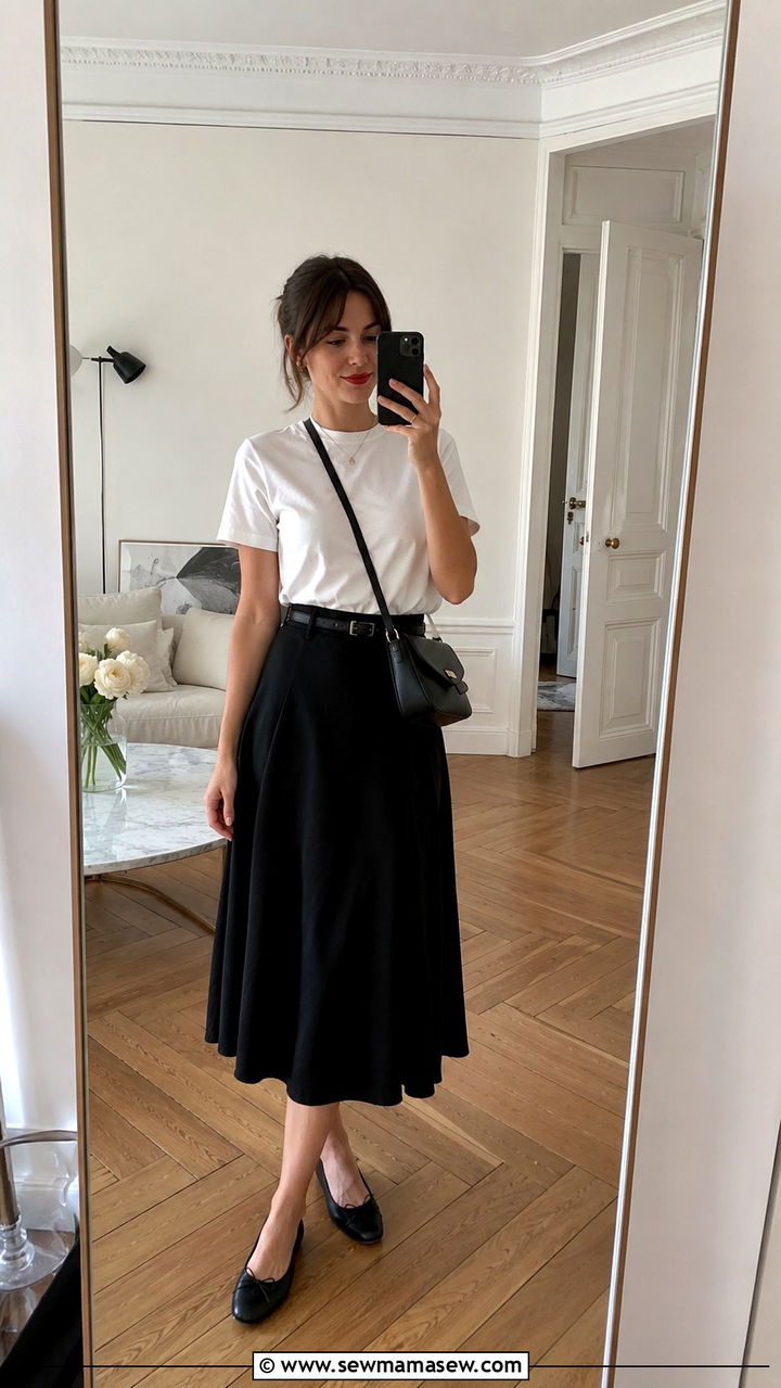 Classic White Tee With Black Midi Skirt - 30 Modest outfit ideas Parisian