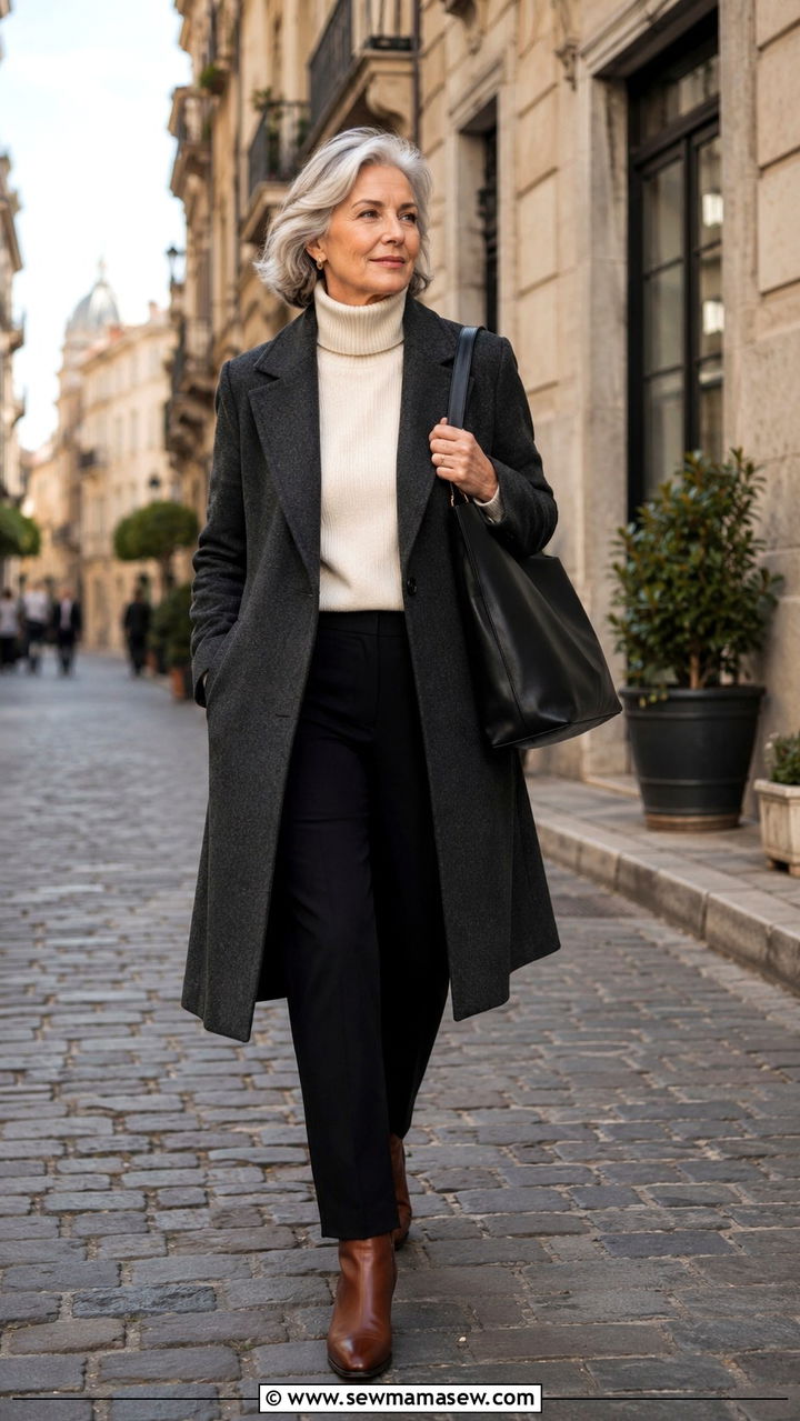 Classic Wool Coat With Tailored Pants - 30 Travel outfits for women over 60