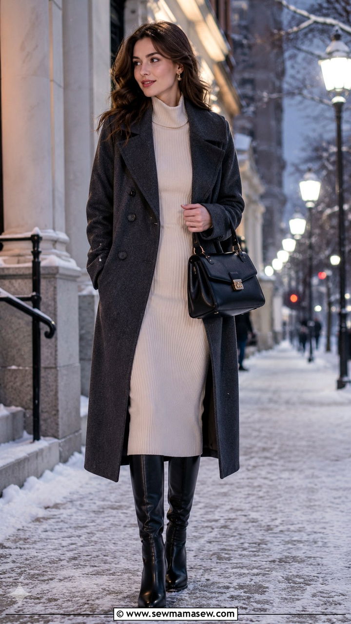 Classic Wool Coat with a Ribbed Knit Dress and Heeled Boots - 30 classy romantic outfits