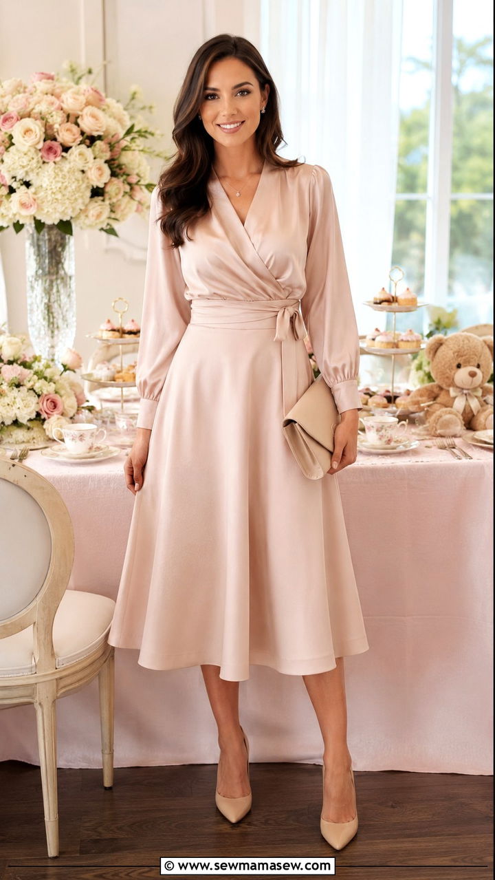 Classic Wrap Blouse with A Line Skirt - 25 Baby shower outfit ideas hostess