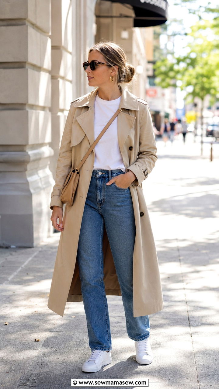 Classic beige trench coat with white tee straight leg jeans and sneakers - 30 Spring outfits with trench coat