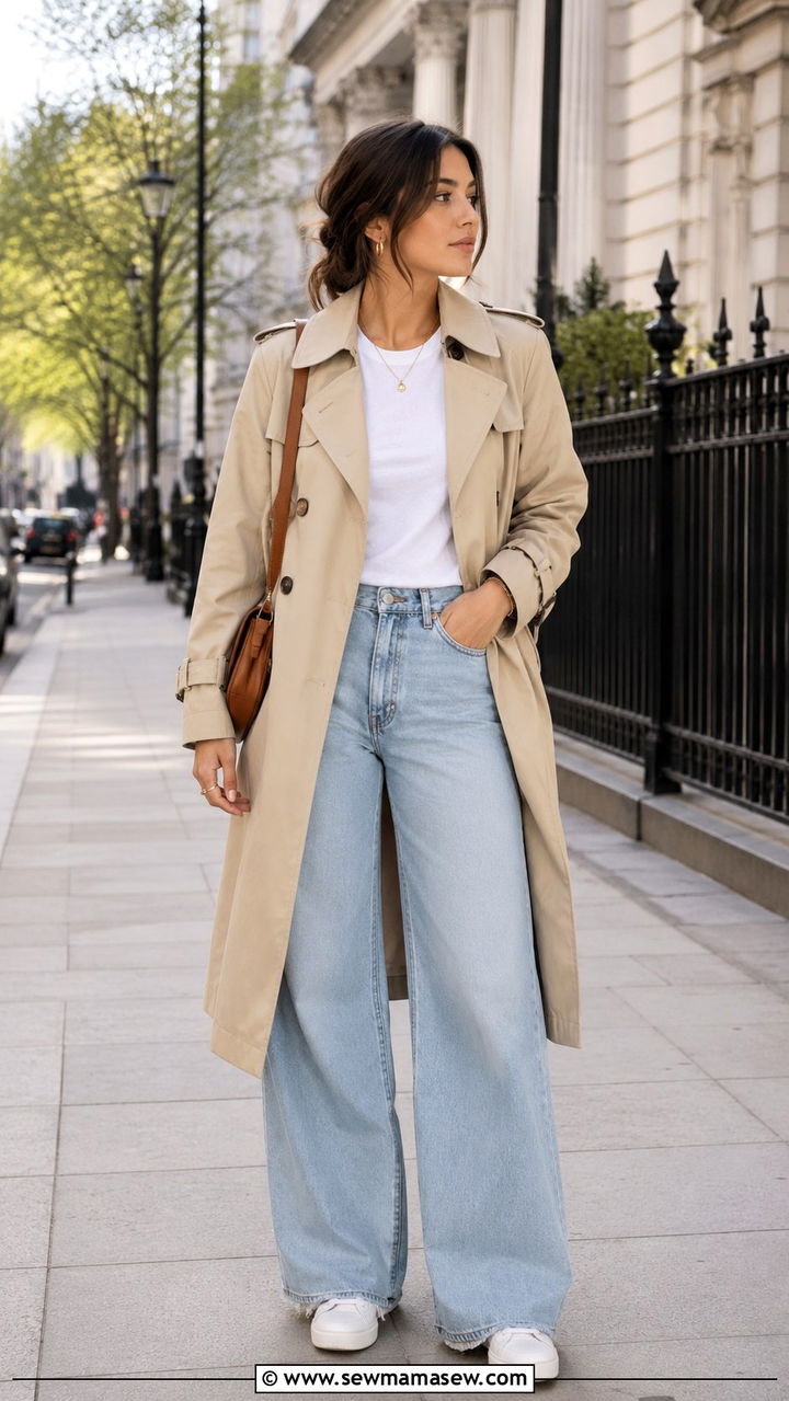 Classic beige trench coat with wide leg jeans - 20 Wide leg jeans outfit ideas with a trench coat