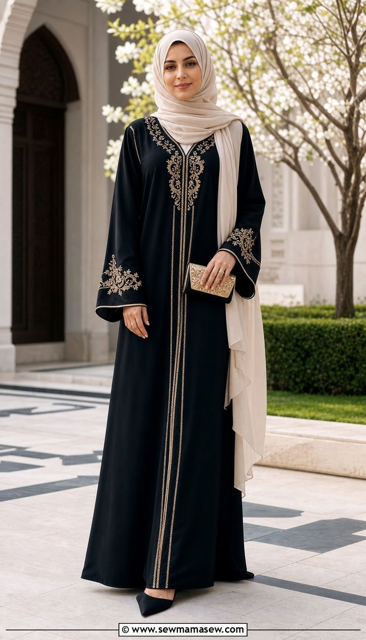 Classic black abaya with gold embroidery - 25 Eid outfit ideas with abaya