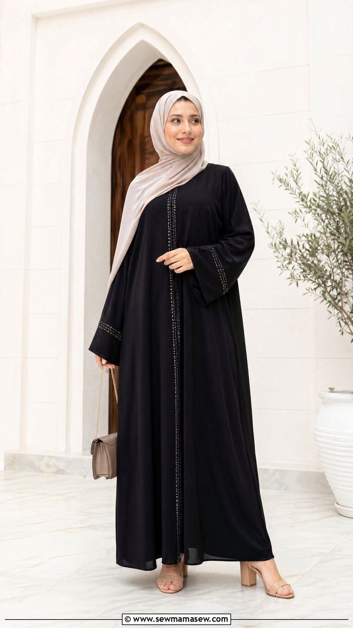 Classic black abaya with stone hijab and nude heels - 35 Eid outfit ideas modest