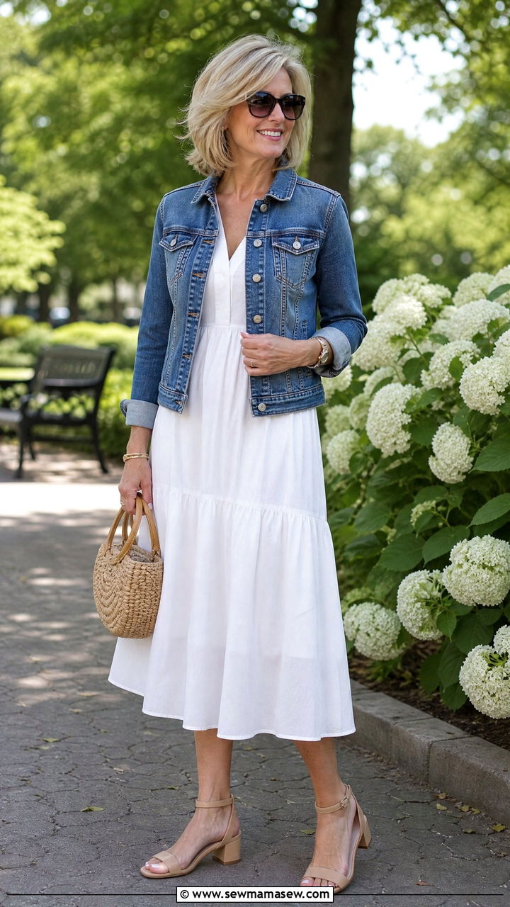 Classic blue denim jacket with a white midi dress - 25 How to style a denim jacket over 50