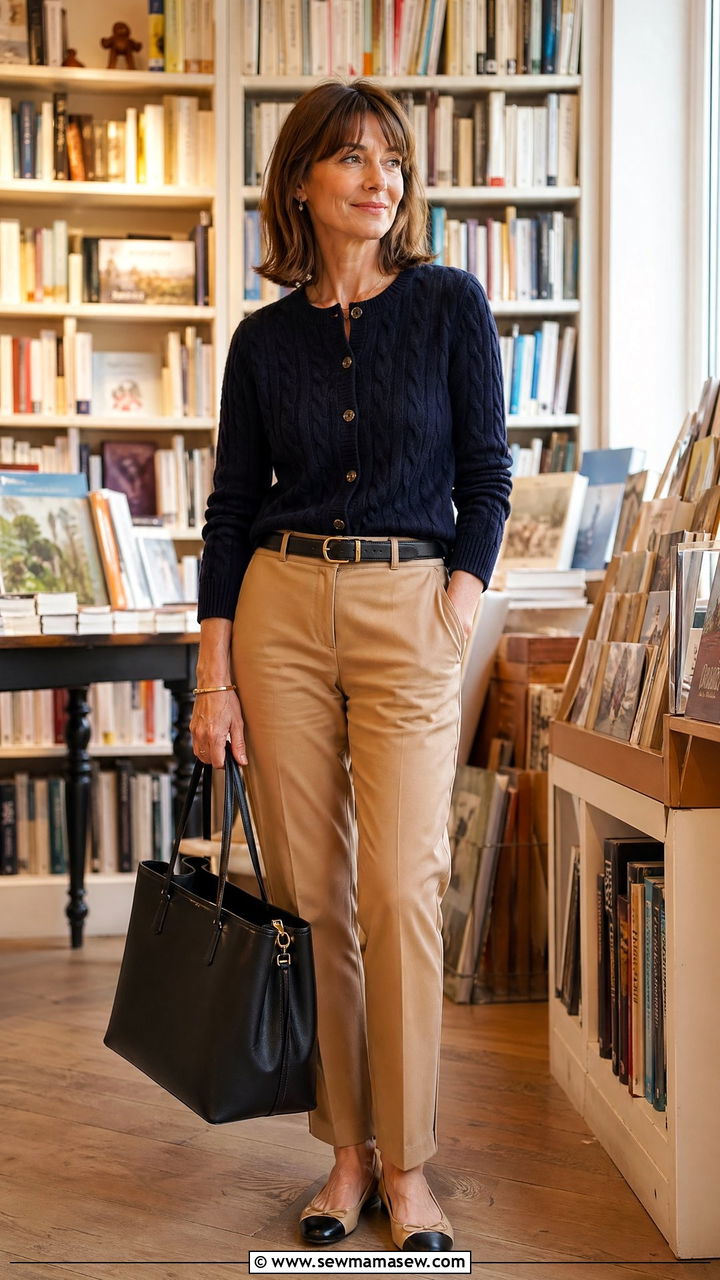 Classic cardigan with straight pants - 35 French girl outfit ideas for women over 40