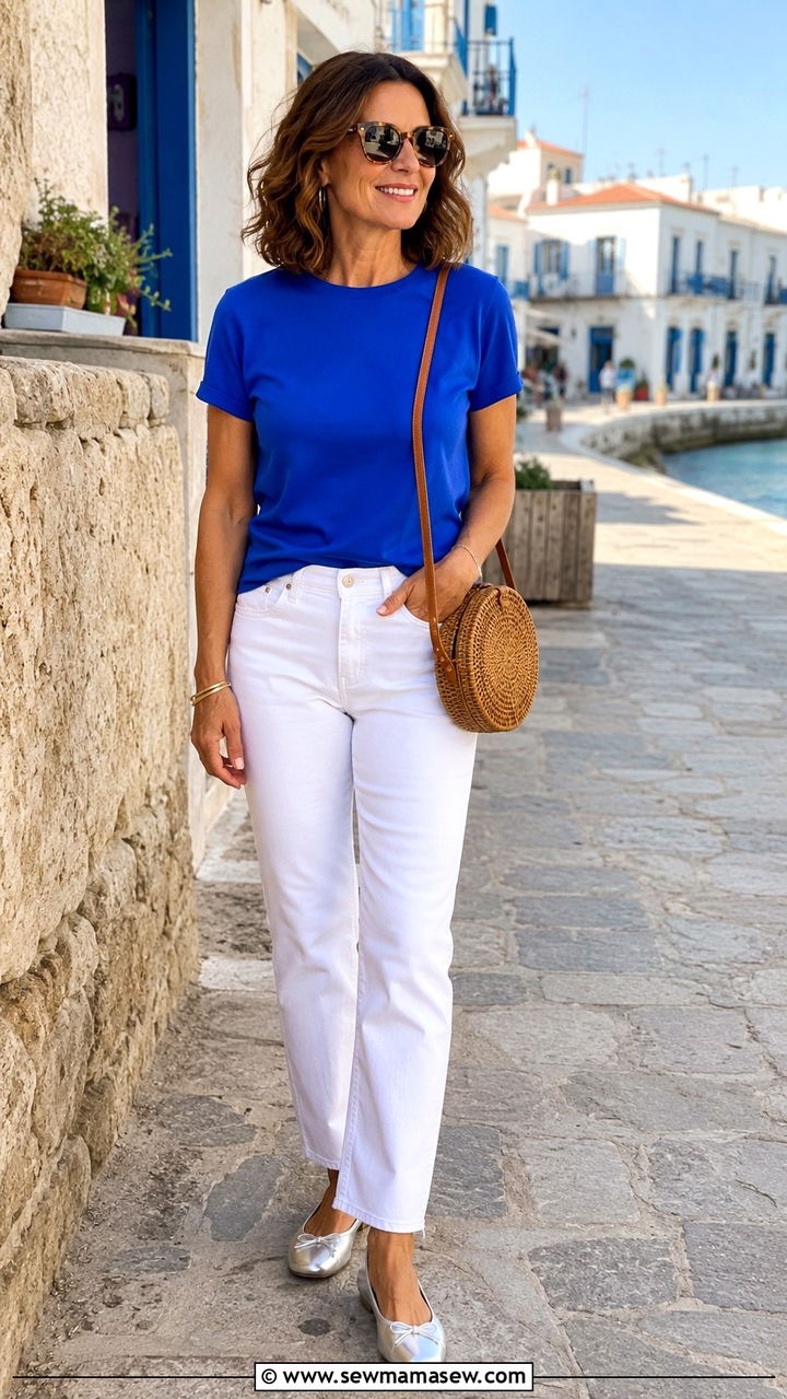 Classic crewneck tee with white jeans and metallic flats - 30 Outfit ideas for women over 40 errands